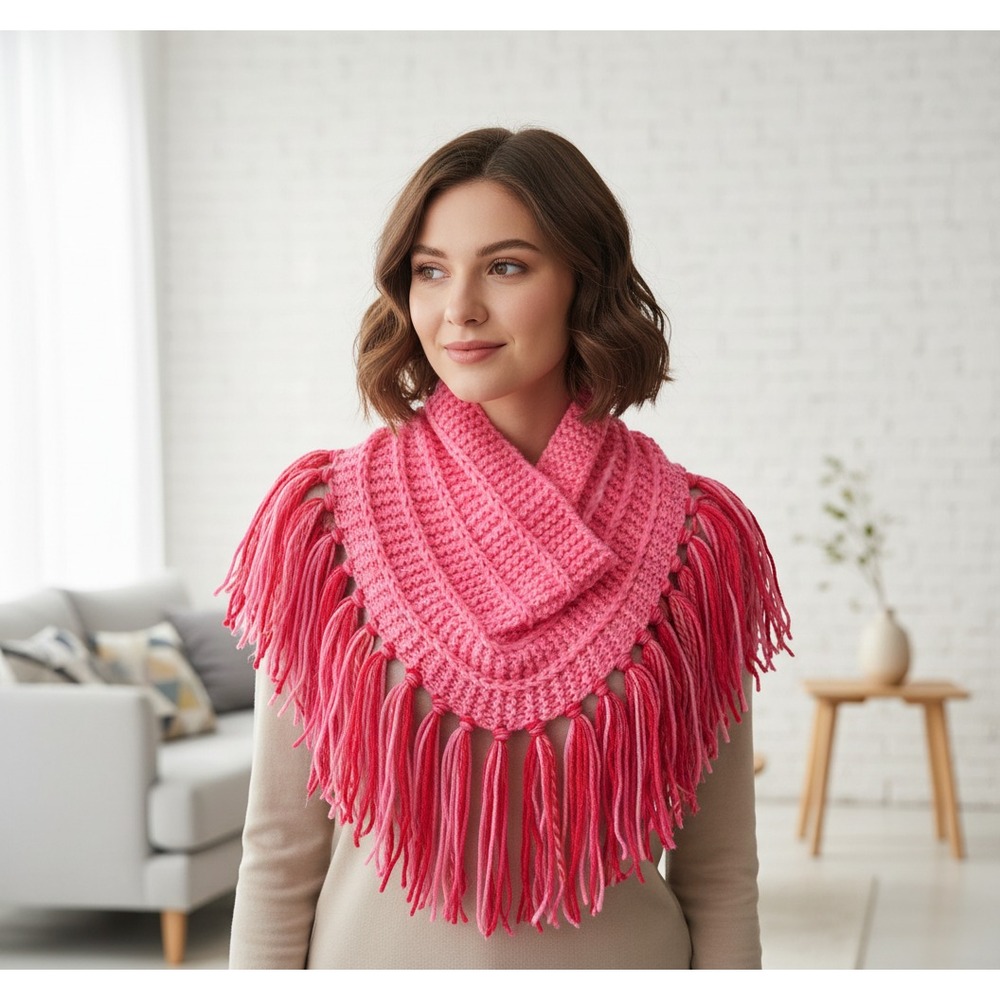 NEW Hand Knitted Bright Pink Boho Cowl Scarf‎ Coquette Soft Girl Cottage Twee